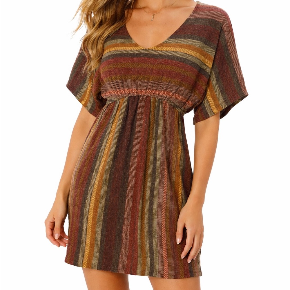 Striped V-Neck Mini Dress in Brown and Rust